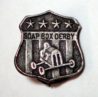 Rare Antique Vtg Pewter Metal Soap Box Derby Car Racing Lapel Pin