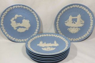 Vintage Set Of 7 Blue Wedgwood Jasperware Christmas Collector Plates (1969 - 1975)