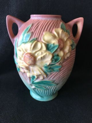 Vintage Pink And Blue Roseville Yellow Peony Double Handled Art Pottery Vase 6”