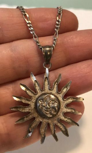 Vintage Sterling Moon & Sun Face Pendant Necklace By 1 Of A Kind 18”figaro Chain