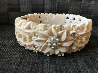 Vintage Ivory Carved Celluloid & Rhinestone Hinged Bangle Bracelet