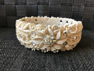 Vintage Ivory Carved Celluloid & Rhinestone Hinged Bangle Bracelet 3