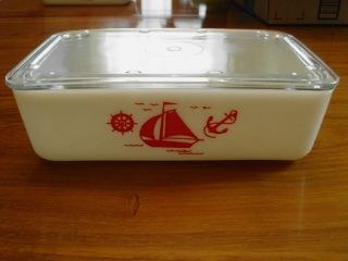 Vintage Mckee Red Sailboat Milk Glass Rectangular Dish 8x5x2 " Clearlid