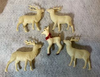 5 Vintage Christmas Plastic Celluloid Mini Reindeer Figurines,  Occupied Japan