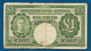 Jamaica British Administration £1 Pound 1957 P - 41b King George Vi Vintage Note