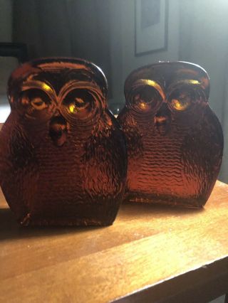 Vintage Art Glass Blenko Owl Bookends Mid Century Modern Amber 2