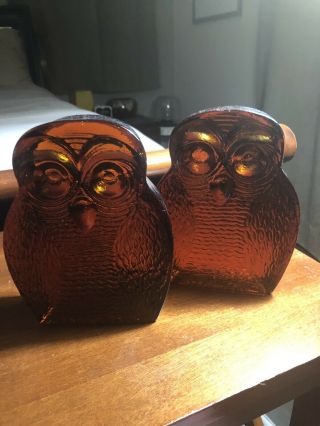 Vintage Art Glass Blenko Owl Bookends Mid Century Modern Amber 6