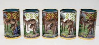 Set 5 Vintage Chinese Cloisonne Wine Cups W Horses & Box