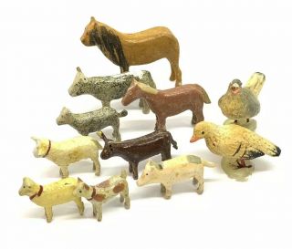 Primitive Wooden Antique Doll House Miniature Farm Animals Painted Woodcomposite