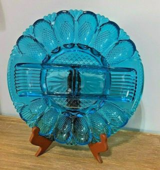 Vintage Blue Round Glass Deviled Egg Plate / Relish Dish Indiana Glass Co.  6