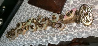 Vintage Mop Mother Of Pearl Gold Mesh W/ Ornate Designs Bracelet