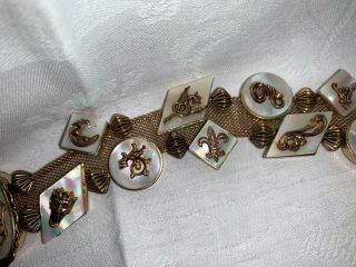 Vintage MOP Mother of Pearl Gold Mesh w/ Ornate Designs Bracelet 3
