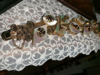 Vintage MOP Mother of Pearl Gold Mesh w/ Ornate Designs Bracelet 4