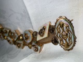 Vintage MOP Mother of Pearl Gold Mesh w/ Ornate Designs Bracelet 5