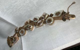 Vintage MOP Mother of Pearl Gold Mesh w/ Ornate Designs Bracelet 8