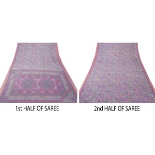 Sanskriti Vintage Pink Saree Moss Crepe Printed Sari Decor 5 Yard Craft Fabric 5