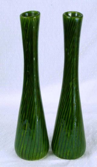 Pair 2 Vintage Shawnee Pottery Green Glaze Ceramic Bud / Flower 1402 Vases (hh)