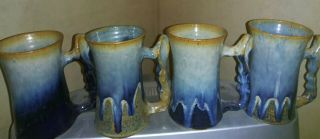 4 Large Art Pottery Coffee Mugs Cup Blue Brown Drip Glaze Vintage Signed