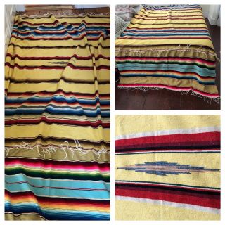 Vintage Mexican Serape Saltillo Blanket Rug Woven 5.  2 X 9.  75 Feet / 62.  5 X 117 "