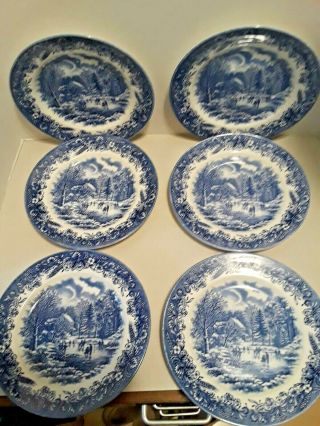 6 Vintage Currier & Ives Blue & White 8 " Salad Plates Churchill England