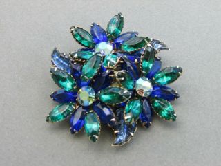 High End Vintage Jewelry Layer Blue Green Prong Set Brooch Pin Rhinestone 2 1/2 "
