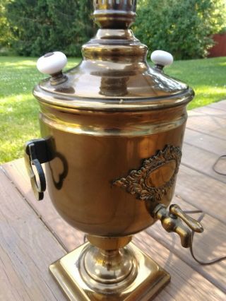 Vintage Mid - Century Brass Coffee / Tea Urn Lamp With Porcelain Handles