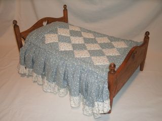 Vintage Wooden Doll Bed With Fitted Sheet Pillowcase & Blanket 16 Inch Dolls