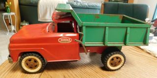 Vintage 1960s Tonka Pressed Steel Toy Red & Green 13 " Long Dump Truck