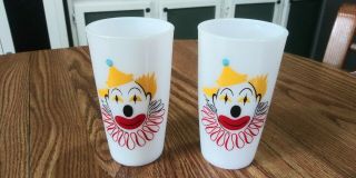 Set Of 2 Vintage White Milk Glass Hazel Atlas Clown Face Glasses