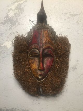 Vintage African Mask Wood Small Painted With Straw Beard