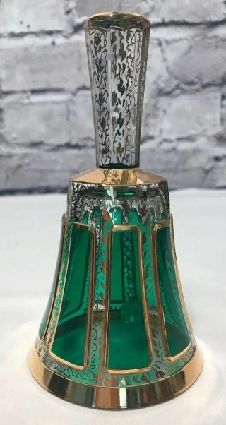 Vintage Bohemian Czech Green & 24k Gold Dinner Bell Glass Crystal Hand Painted