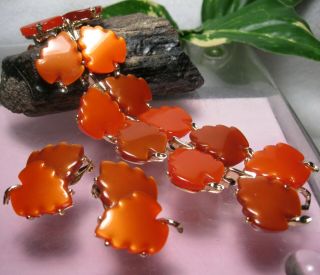 Vintage Thermoset Lucite Wide Bracelet Clip Earrings Set Fall Leaves Exc.