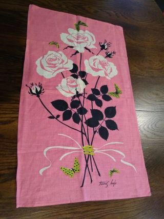 Vtg Tammis Keefe Linen Dish Towel Pink Roses Horitcultural Floral Nos?