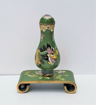 Antique Vintage Chinese Cloisonne Dragon Snuff Bottle W Stand