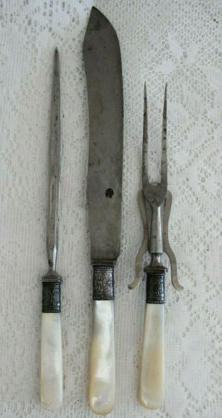 Vintage 1834 J.  Russell & Co Mother Of Pearl Handle 3 Pc Carving Set