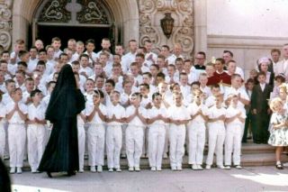 Vintage Slide Sl85 ☆ 1961 Catholic Church Boys In Uniform Sepia 497a