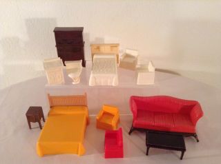 Vintage Plastic Dollhouse Furniture.  Beds.  Chairs.  Sofa Renwal,  Unmarked