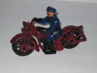Vintage Cast Iron Red Toy Patrol Motorcycle W/ Driver
