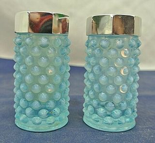 Fenton Vintage Hobnail Opalescent Blue Glass Salt And Pepper Shakers