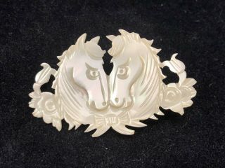 Vintage Carved Mother Of Pearl Double Horse Head Pin Brooch