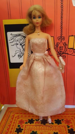 Vtg Barbie Clone Fab - Lu Premier Ivory & Pink Brocade Gown Stole Purse & Necklace