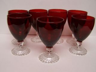 Anchor Hocking Vintage 7 Ruby Red Bubble Foot Wine Water Glasses 5 3/8 "
