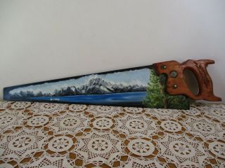 Vintage Hand Painted Warranted Superior Rip Hand Saw 21 " Folk Art Mountains