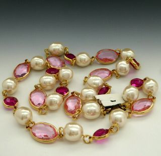Vintage Bezel Set Fuchsia Pink Lucite Crystal Chunky Pearl Gold Tn Necklace Nwt
