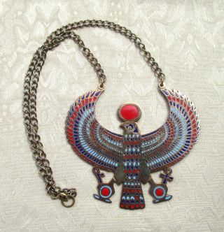 Estate Vintage Necklace With Large Enamel Egyptian Horus Pendant