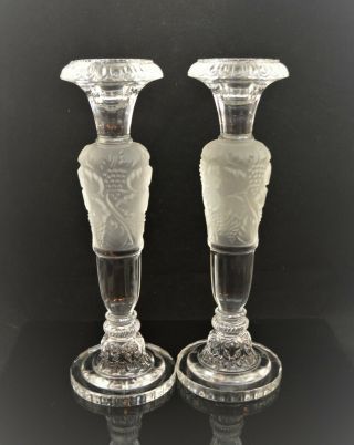 Vintage Large Frosted Crystal Grape Pattern Glass Candlesticks Candle Holders