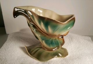Vintage Shawnee Leaf Shaped Planter Vase Dark Green Tan Glaze Vase Unique 822