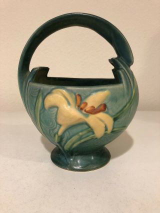 Vintage 1940s Roseville Pottery Green Zephyr Lily Daylily Basket Bowl Vase 393 - 7