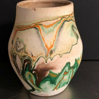 Vtg Nemadji Vase Art Pottery Drip Swirl Green Orange Made Usa Tourist Souvenir