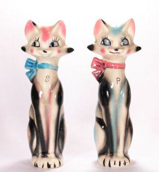 Vintage Pink And Blue Cat Salt And Pepper Shakers 7 3/4 Inches Tall C 1969